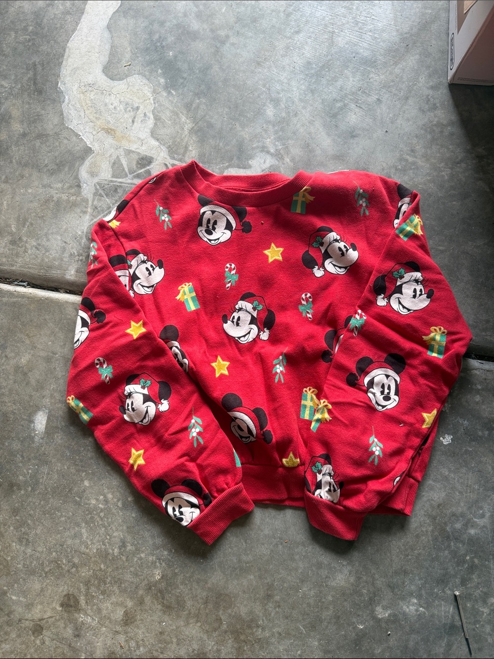 Disney Red Mickey Mouse Holiday Sweatshirt with Green & Yellow Accents
